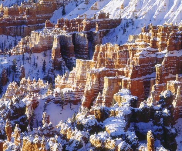 UT, Bryce Canyon Winter snow on rock formations
